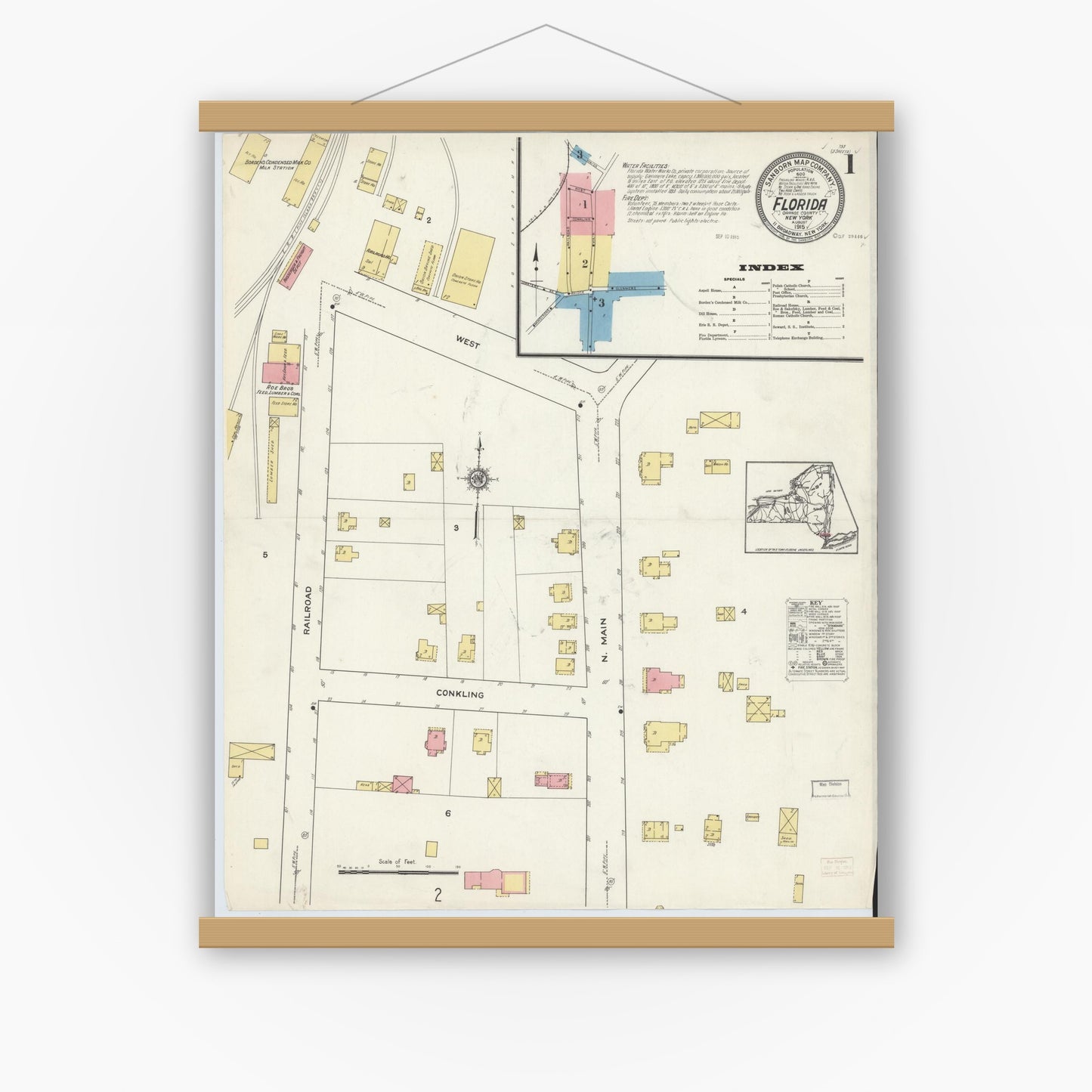 Old map wall art mockup — magnetic wood frame on white wall — Sanborn Fire Insurance Map from Florida, Orange County, New York (1915) - Complete Map Set
