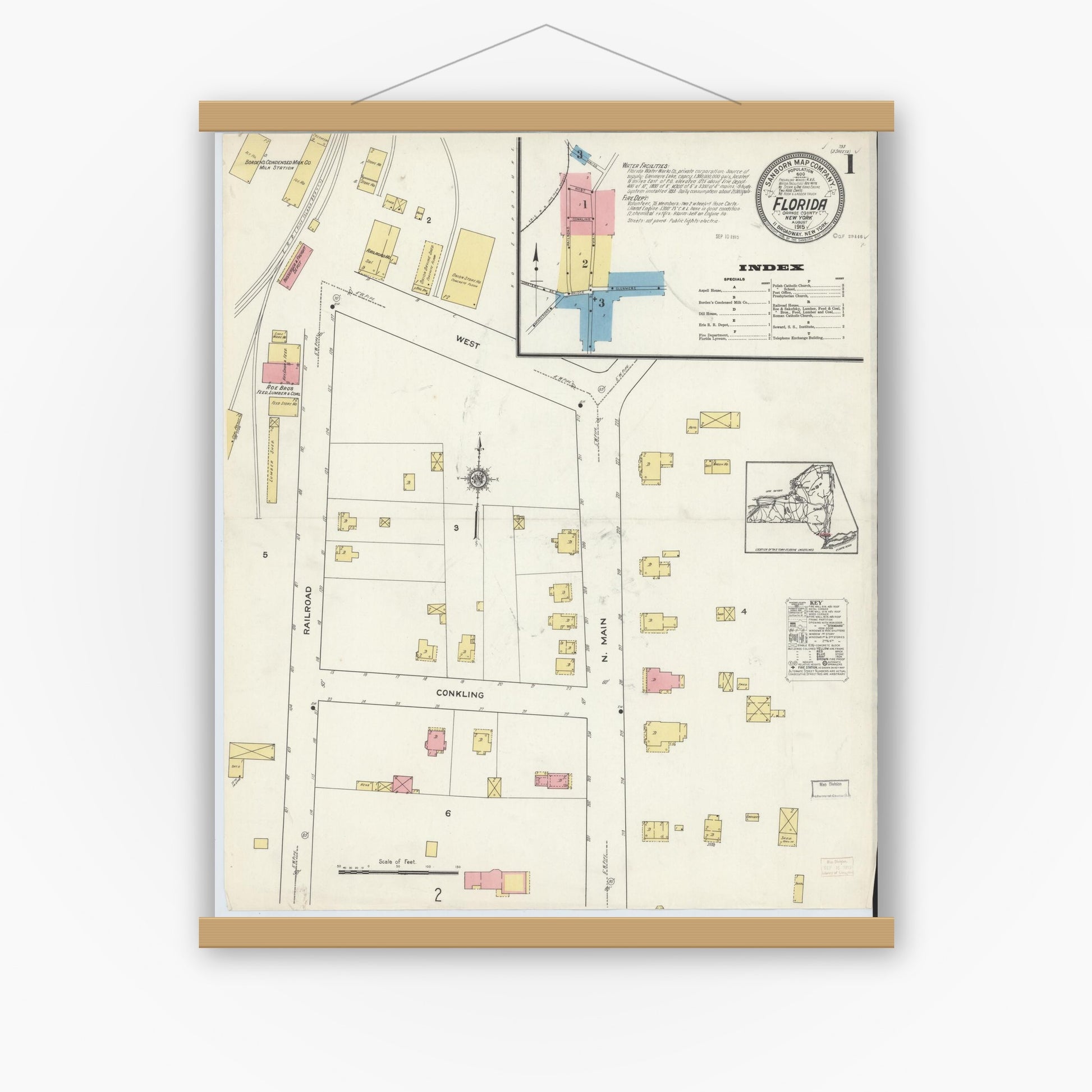 Old map wall art mockup — magnetic wood frame on white wall — Sanborn Fire Insurance Map from Florida, Orange County, New York (1915) - Complete Map Set