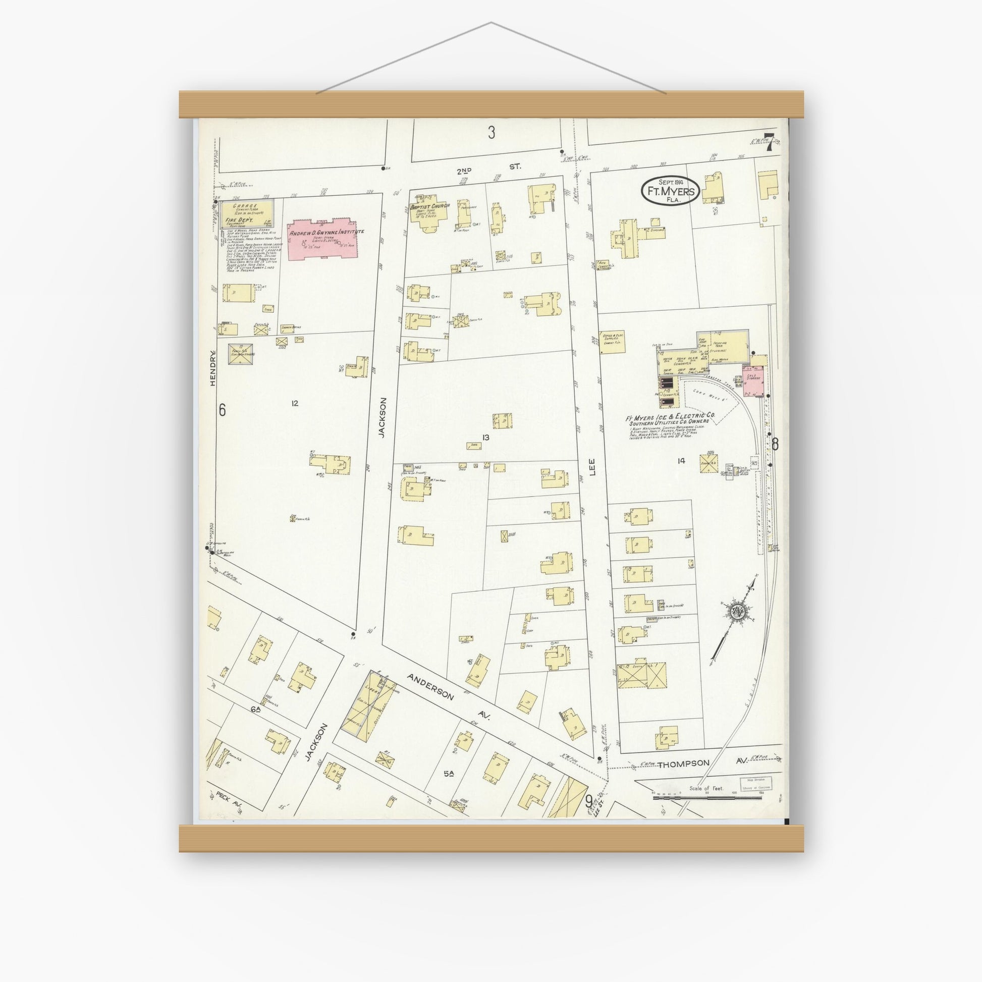 Old map wall art mockup — magnetic wood frame on white wall — Sanborn Fire Insurance Map from Fort Myers, Lee County, Florida (1914), Sheet #0007