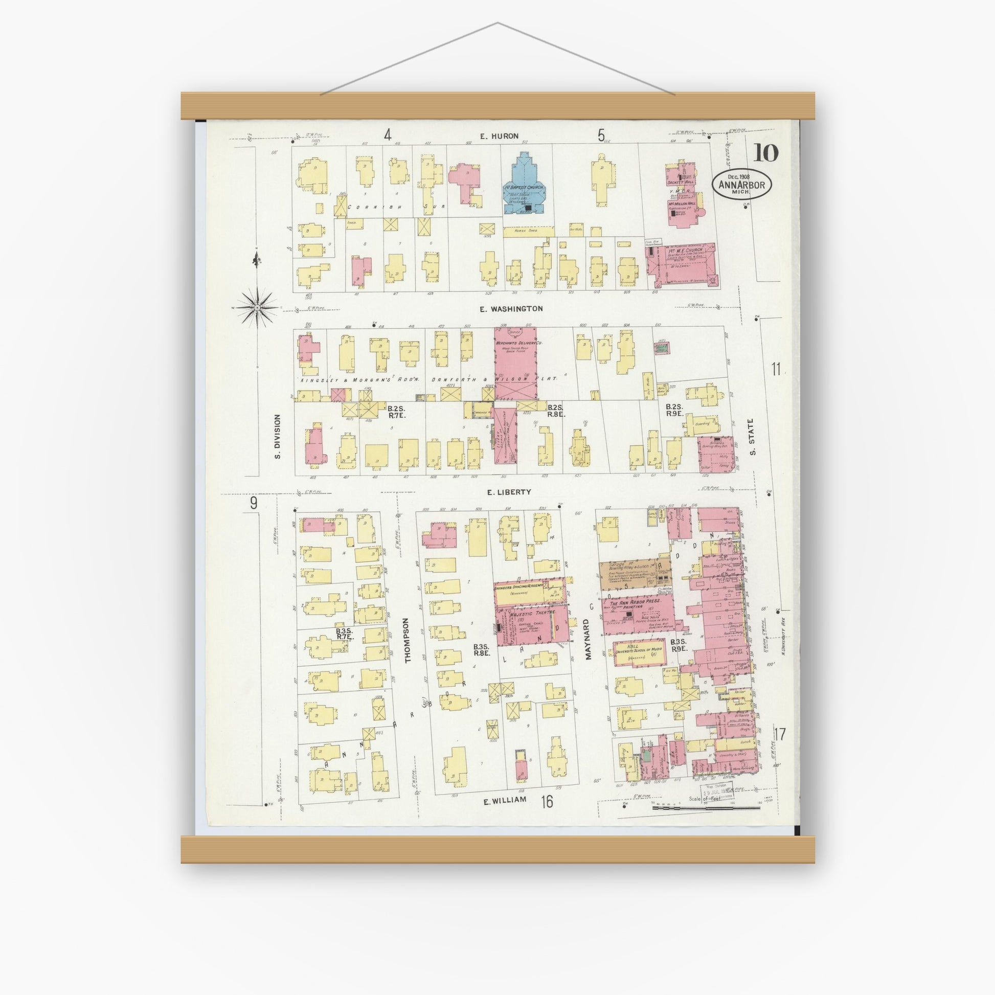 Old map wall art mockup — magnetic wood frame on white wall — Sanborn Fire Insurance Map from Ann Arbor, Washtenaw County, Michigan (1908), Sheet #0010