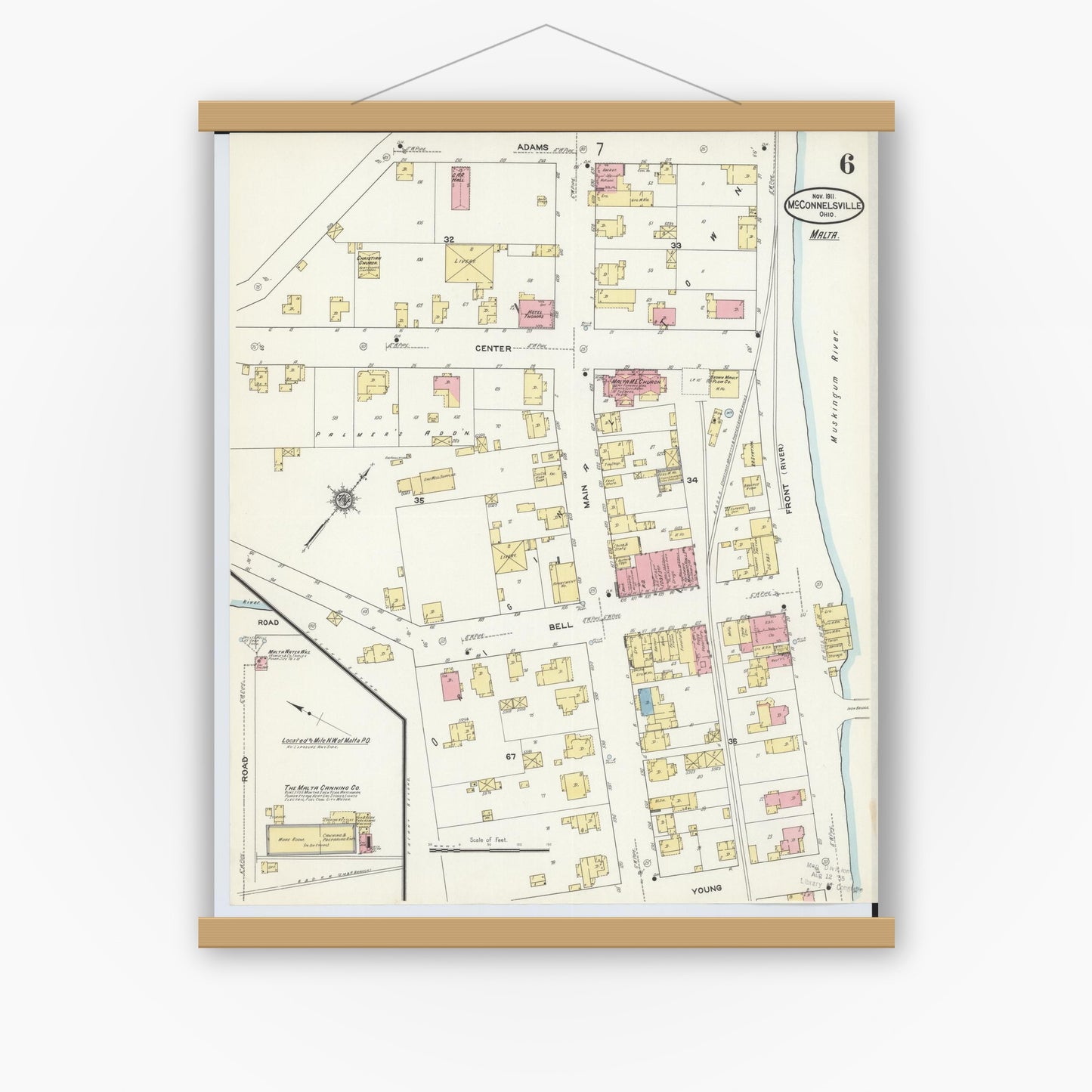 Old map wall art mockup — magnetic wood frame on white wall — Sanborn Fire Insurance Map from McConnelsville, Morgan County, Ohio (1911), Sheet #0006