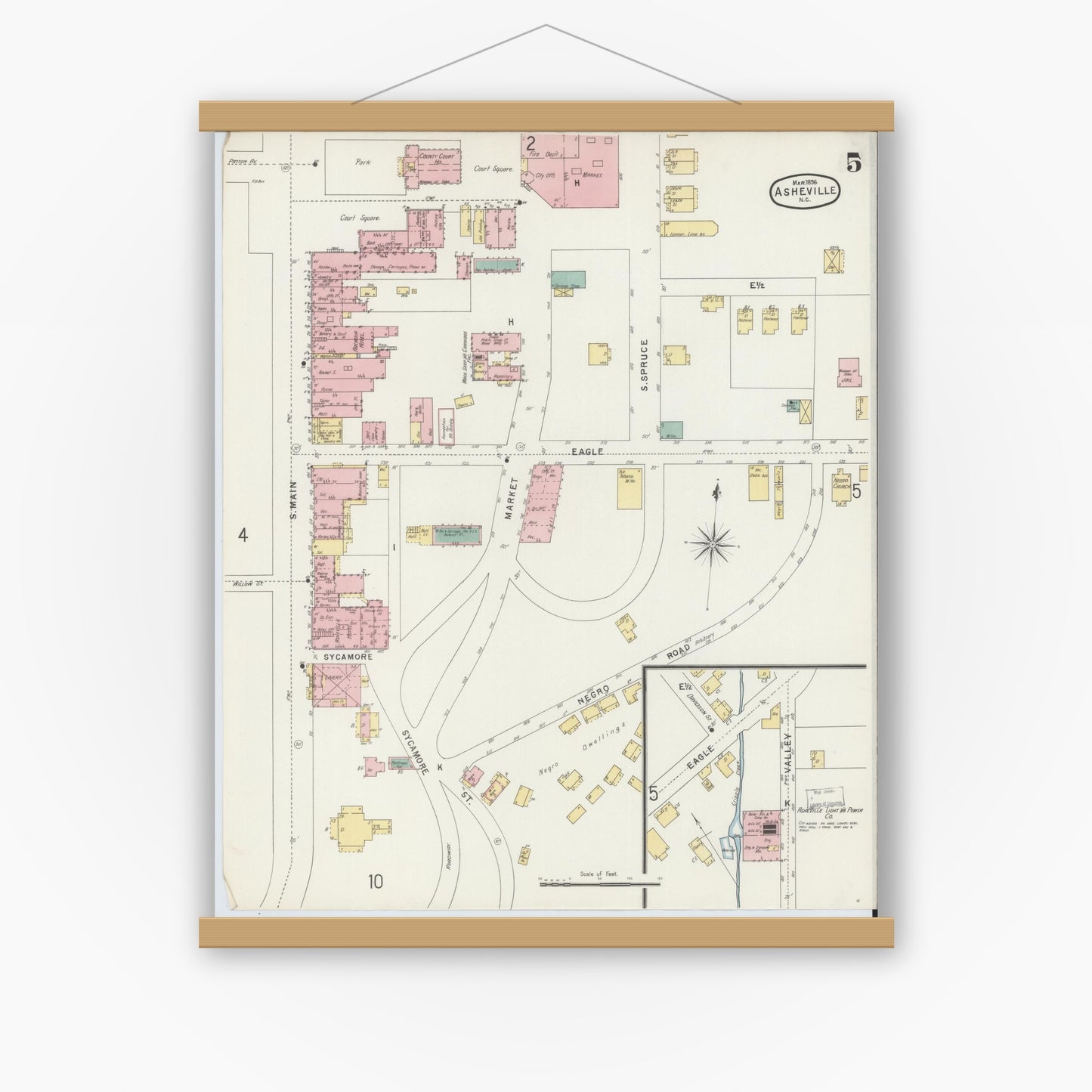 Old map wall art mockup — magnetic wood frame on white wall — Sanborn Fire Insurance Map from Asheville, Buncombe County, North Carolina (1896), Sheet #0005