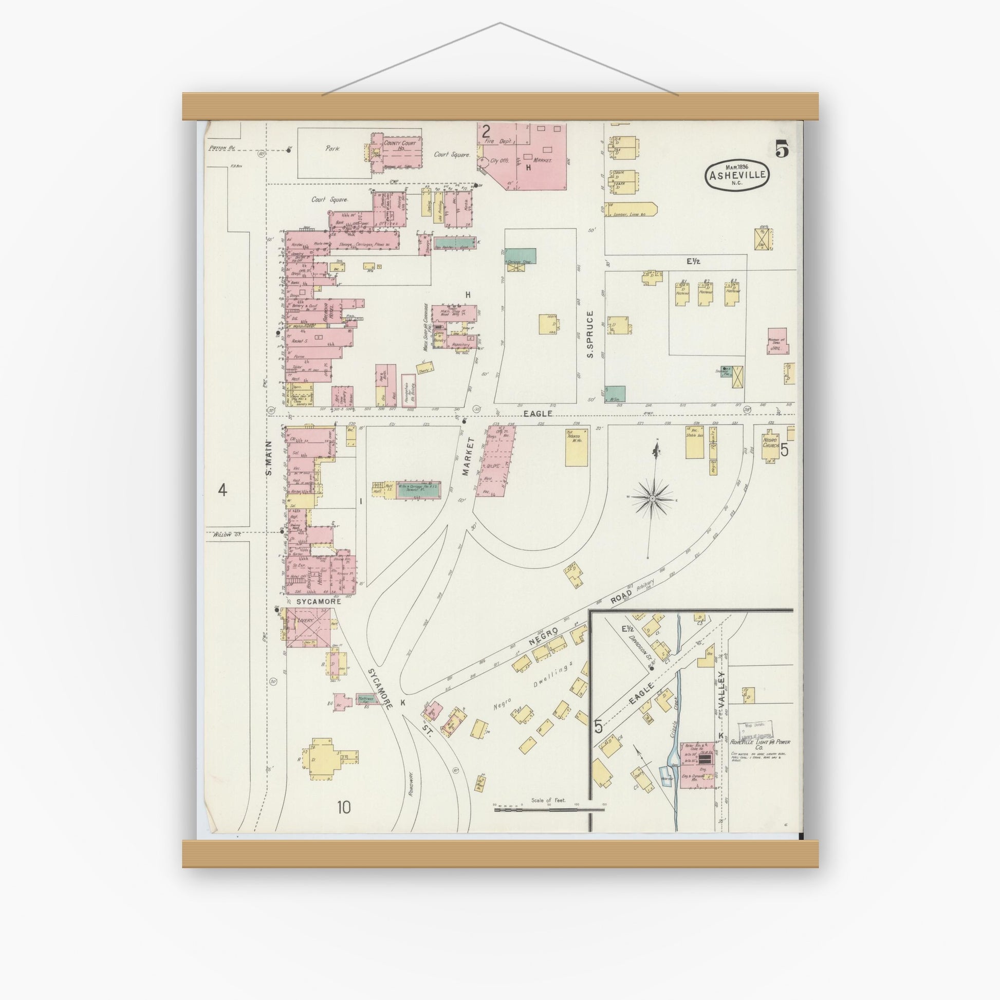 Old map wall art mockup — magnetic wood frame on white wall — Sanborn Fire Insurance Map from Asheville, Buncombe County, North Carolina (1896), Sheet #0005