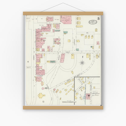 Old map wall art mockup — magnetic wood frame on white wall — Sanborn Fire Insurance Map from Asheville, Buncombe County, North Carolina (1896), Sheet #0005