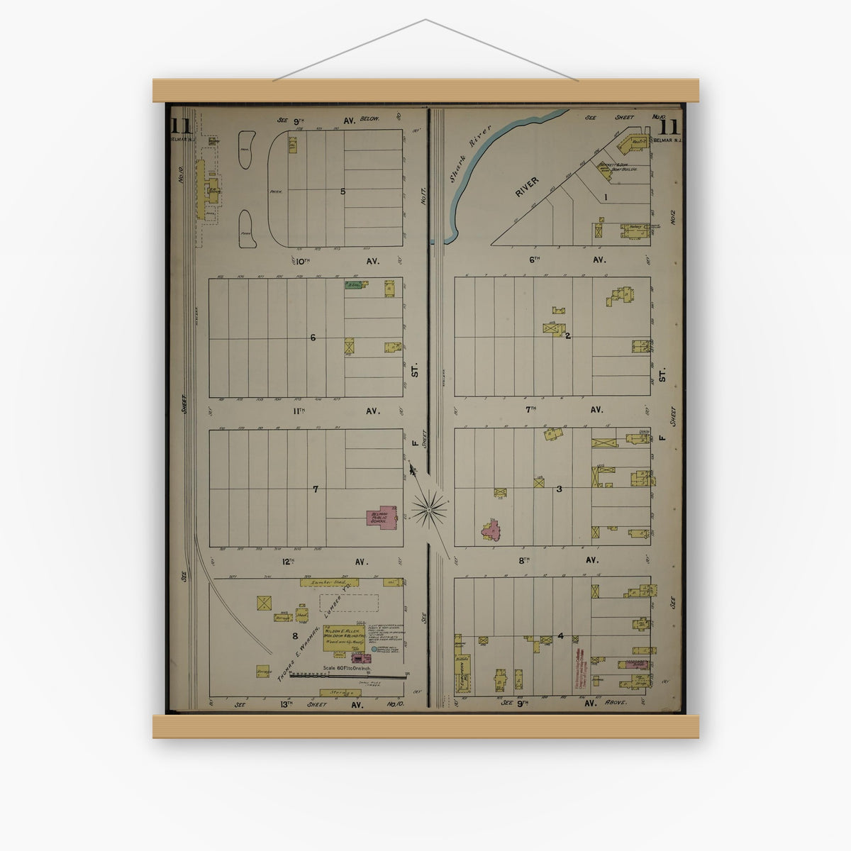 Old map wall art mockup — magnetic wood frame on white wall — Sanborn Fire Insurance Map from New Jersey Coast, New Jersey Coast, New Jersey (1890), Sheet #0011