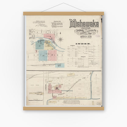 Old map wall art mockup — magnetic wood frame on white wall — Sanborn Fire Insurance Map from Mishawaka, Saint Joseph County, Indiana (1886), Sheet #0001