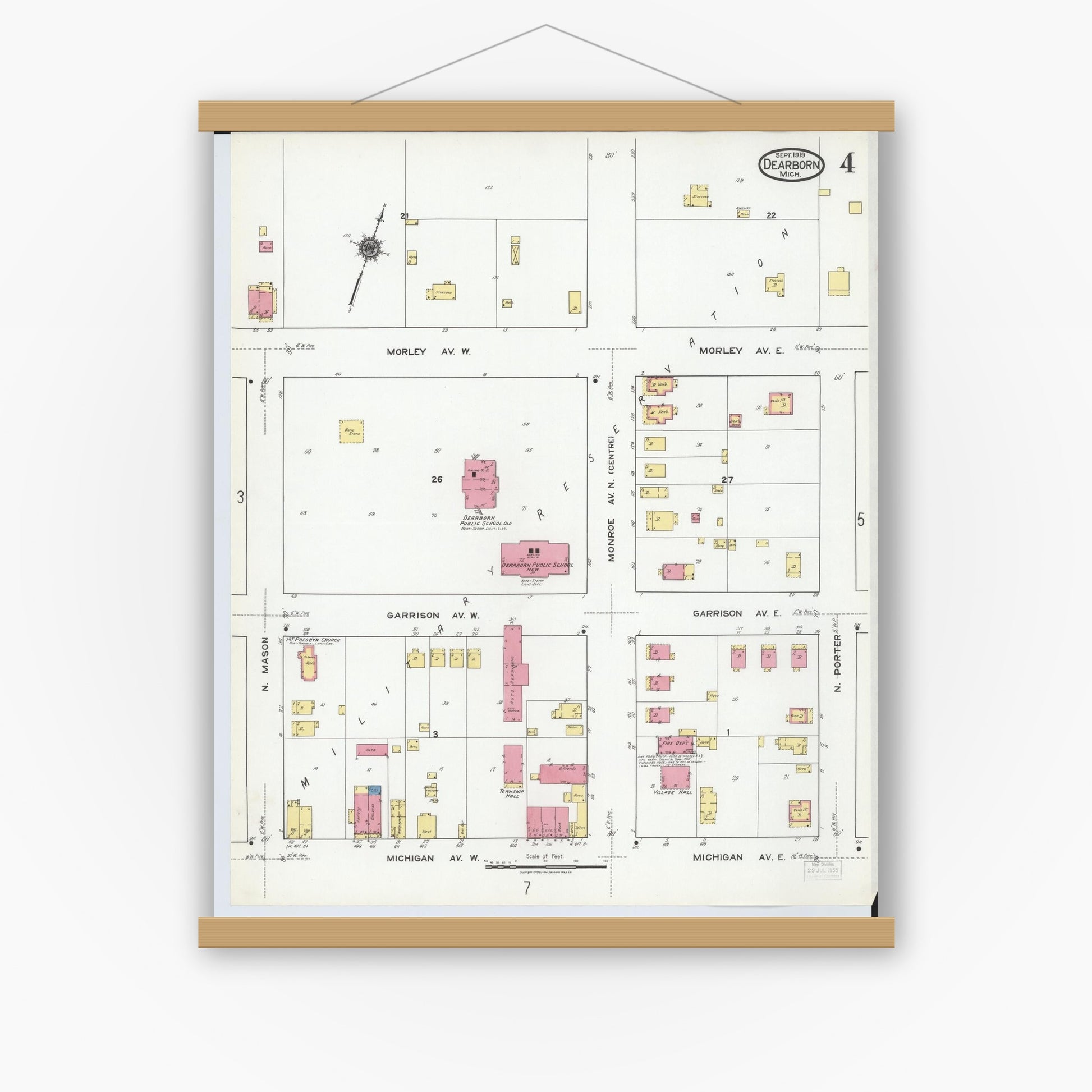 Old map wall art mockup — magnetic wood frame on white wall — Sanborn Fire Insurance Map from Dearborn, Wayne County, Michigan (1919), Sheet #0004