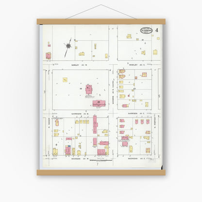 Old map wall art mockup — magnetic wood frame on white wall — Sanborn Fire Insurance Map from Dearborn, Wayne County, Michigan (1919), Sheet #0004