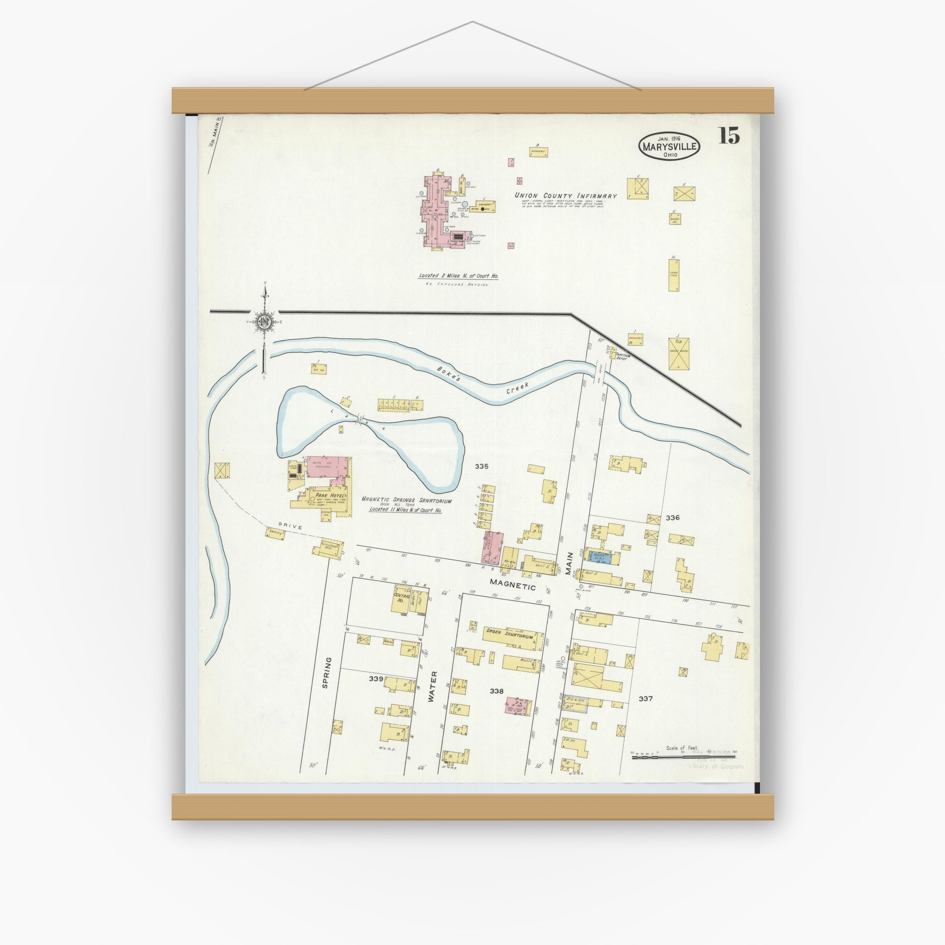 Old map wall art mockup — magnetic wood frame on white wall — Sanborn Fire Insurance Map from Marysville, Union County, Ohio (1916), Sheet #0015