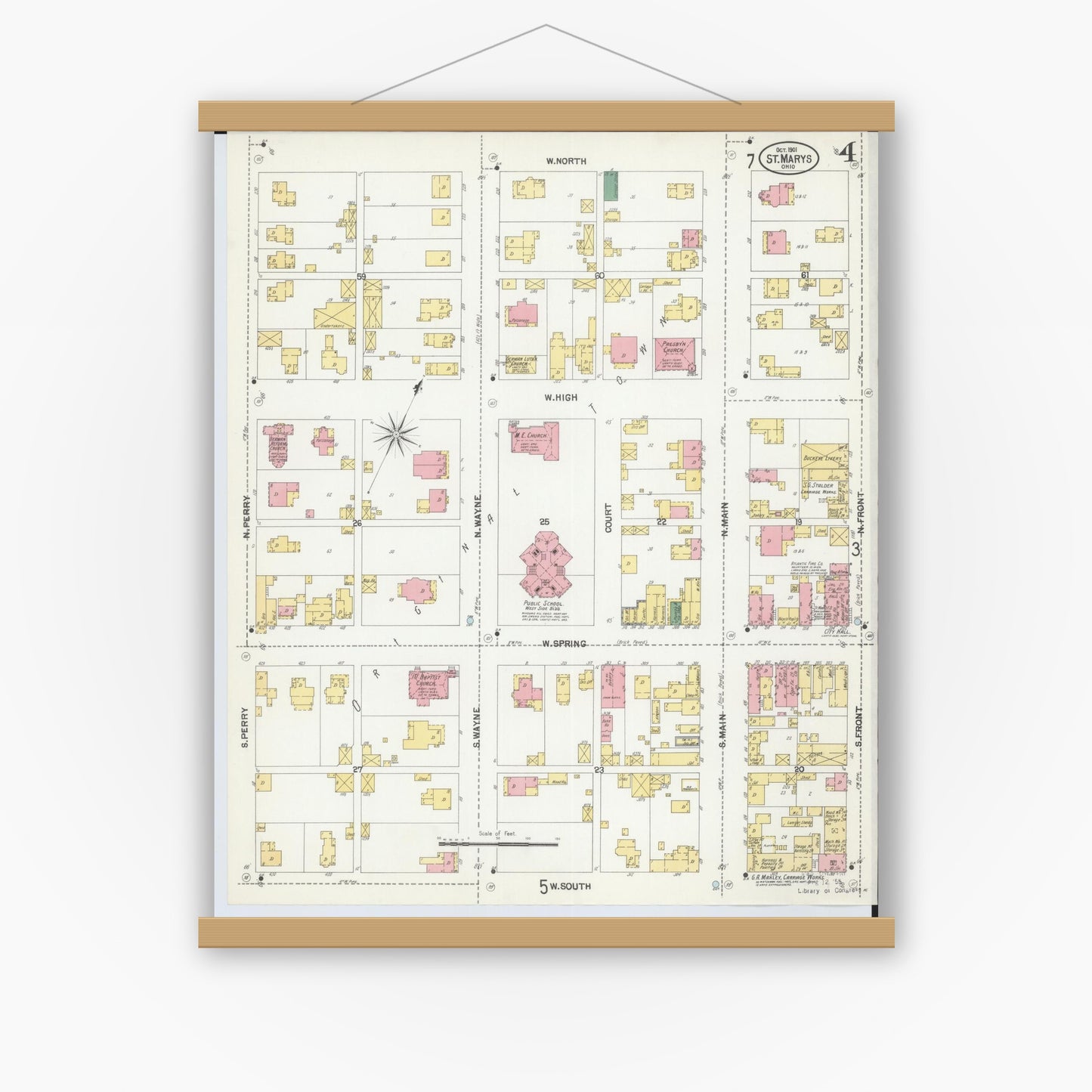 Old map wall art mockup — magnetic wood frame on white wall — Sanborn Fire Insurance Map from Saint Marys, Auglaize County, Ohio (1901), Sheet #0004