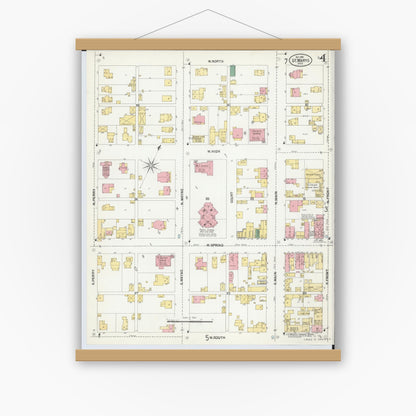 Old map wall art mockup — magnetic wood frame on white wall — Sanborn Fire Insurance Map from Saint Marys, Auglaize County, Ohio (1901), Sheet #0004