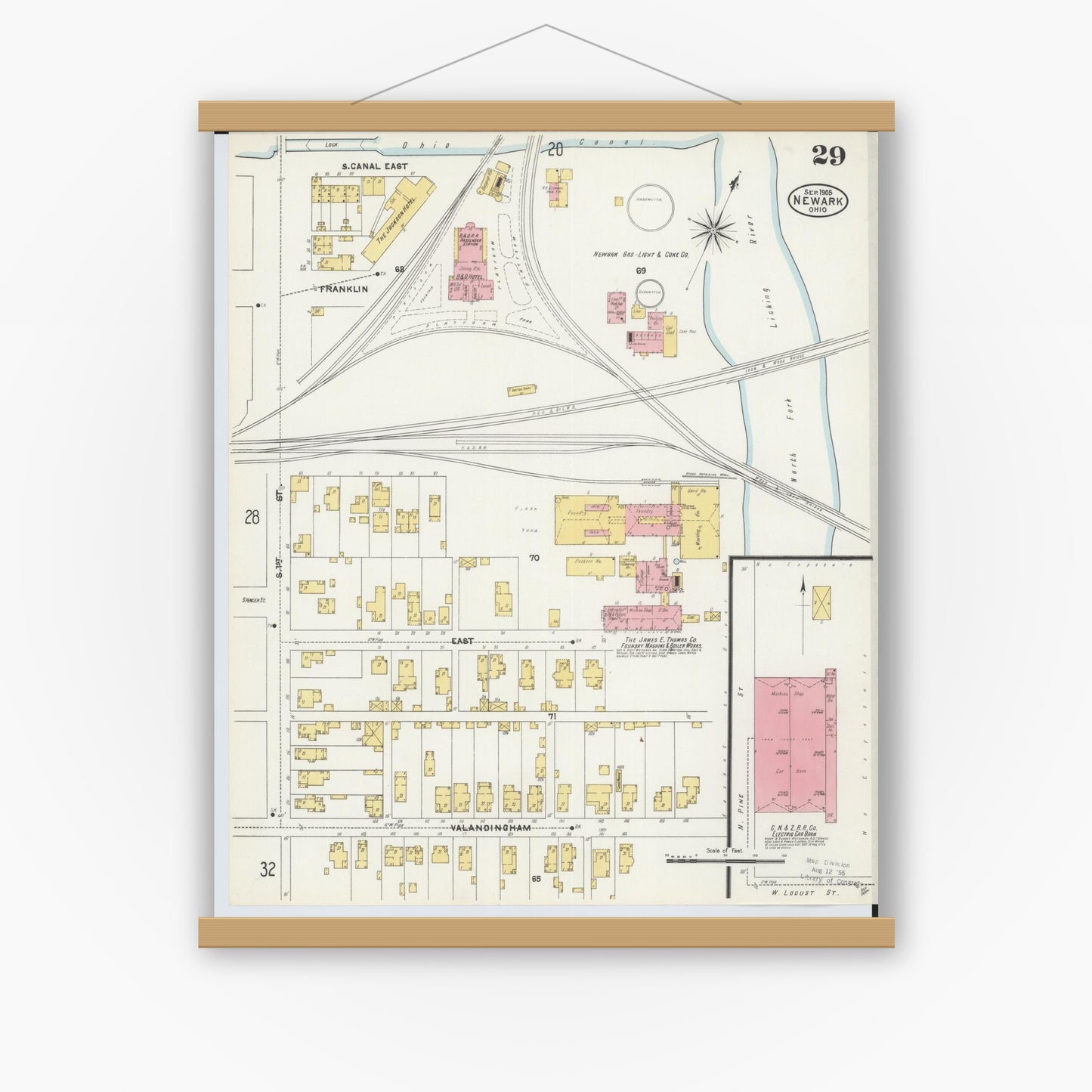 Old map wall art mockup — magnetic wood frame on white wall — Sanborn Fire Insurance Map from Newark, Licking County, Ohio (1905), Sheet #0029