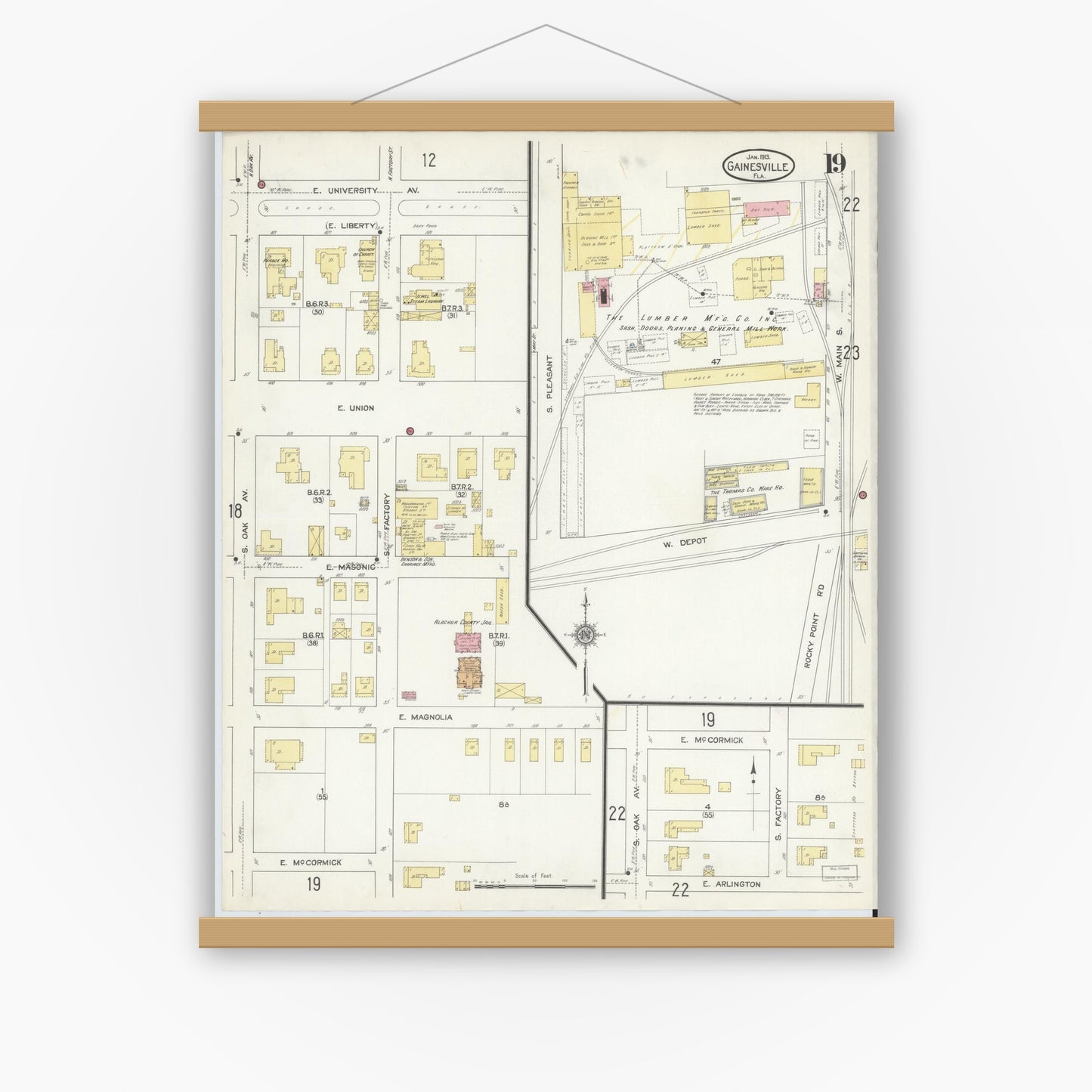 Old map wall art mockup — magnetic wood frame on white wall — Sanborn Fire Insurance Map from Gainesville, Alachua County, Florida (1913), Sheet #0019