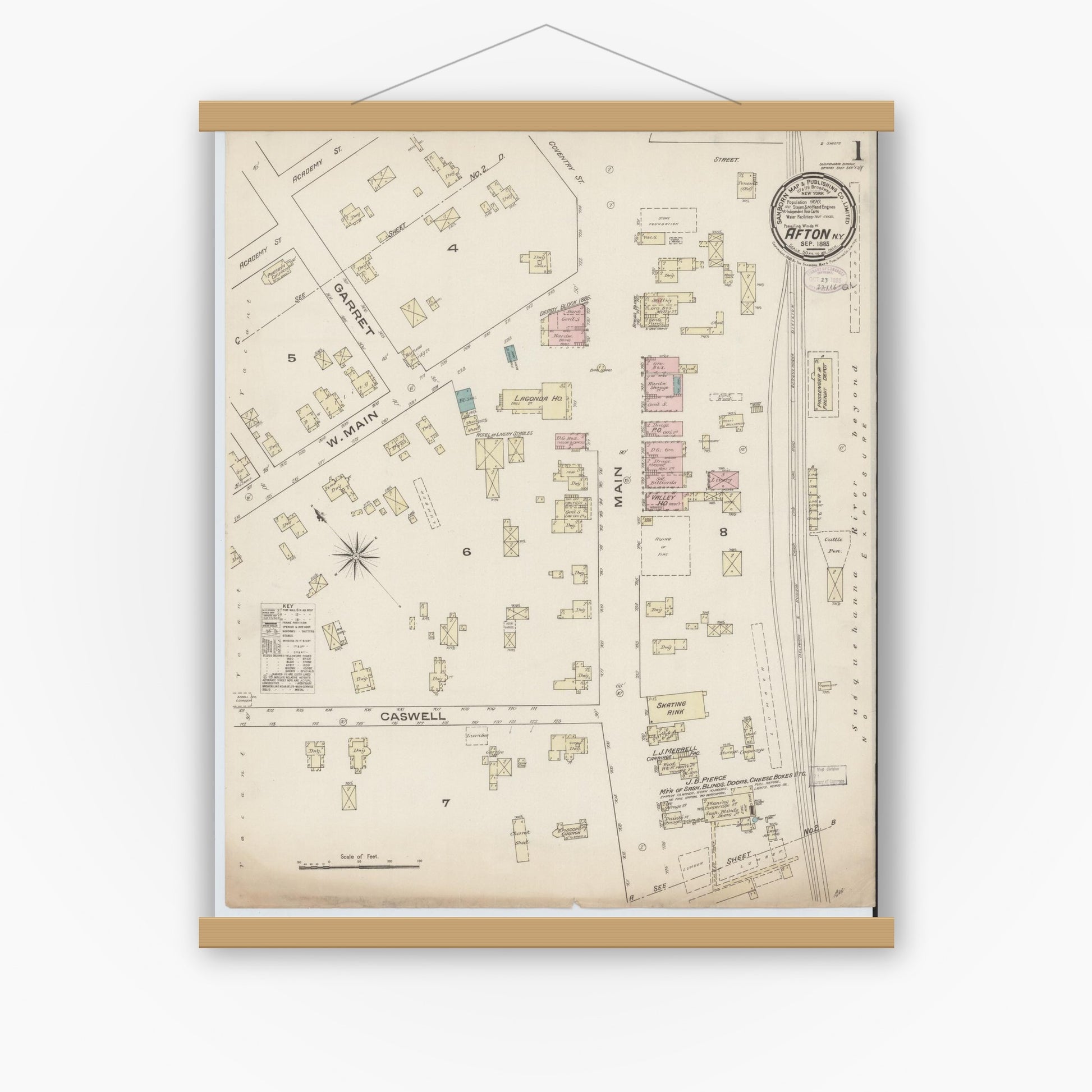 Old map wall art mockup — magnetic wood frame on white wall — Sanborn Fire Insurance Map from Afton, Chenango County, New York (1885) - Complete Map Set