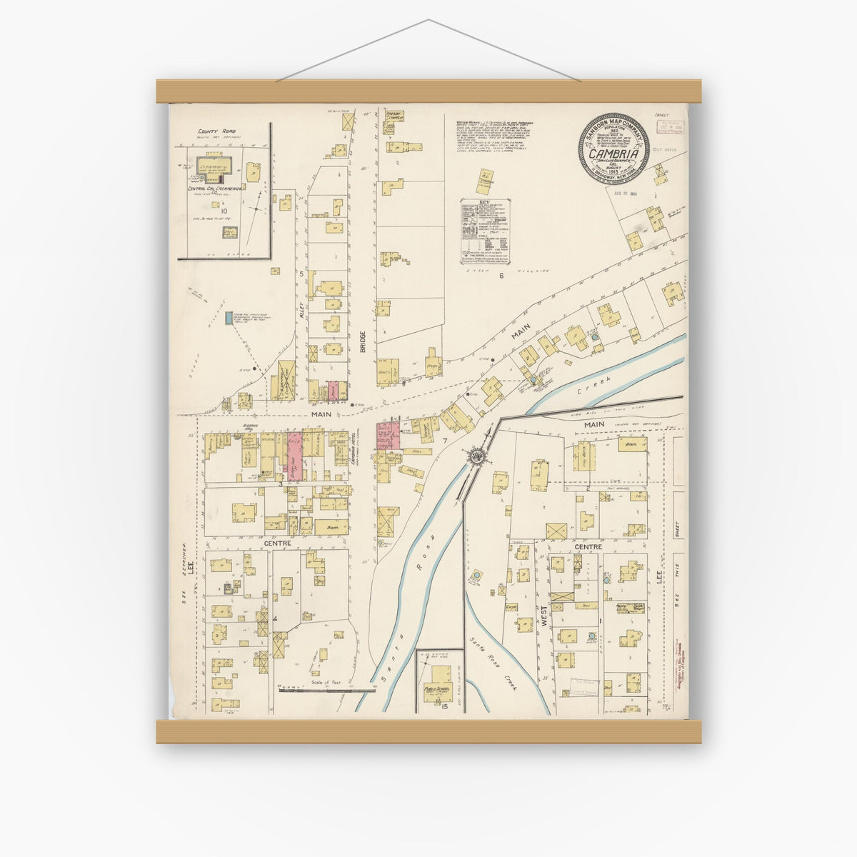 Old map wall art mockup — magnetic wood frame on white wall — Sanborn Fire Insurance Map from Cambria, San Luis Obispo County, California (1913), Sheet #0001