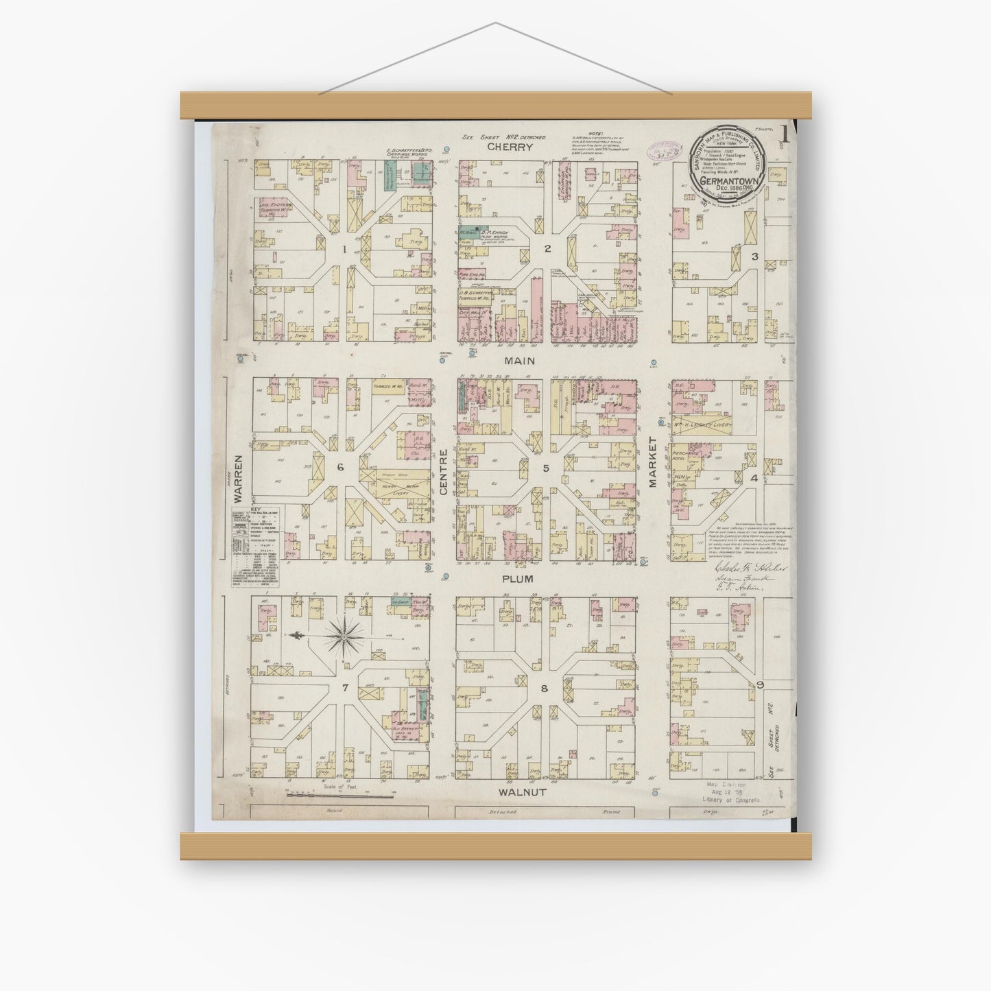 Old map wall art mockup — magnetic wood frame on white wall — Sanborn Fire Insurance Map from Germantown, Montgomery County, Ohio (1886), Sheet #0001