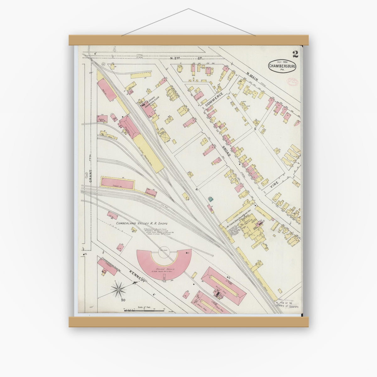 Old map wall art mockup — magnetic wood frame on white wall — Sanborn Fire Insurance Map from Chambersburg, Franklin County, Pennsylvania (1894), Sheet #0002