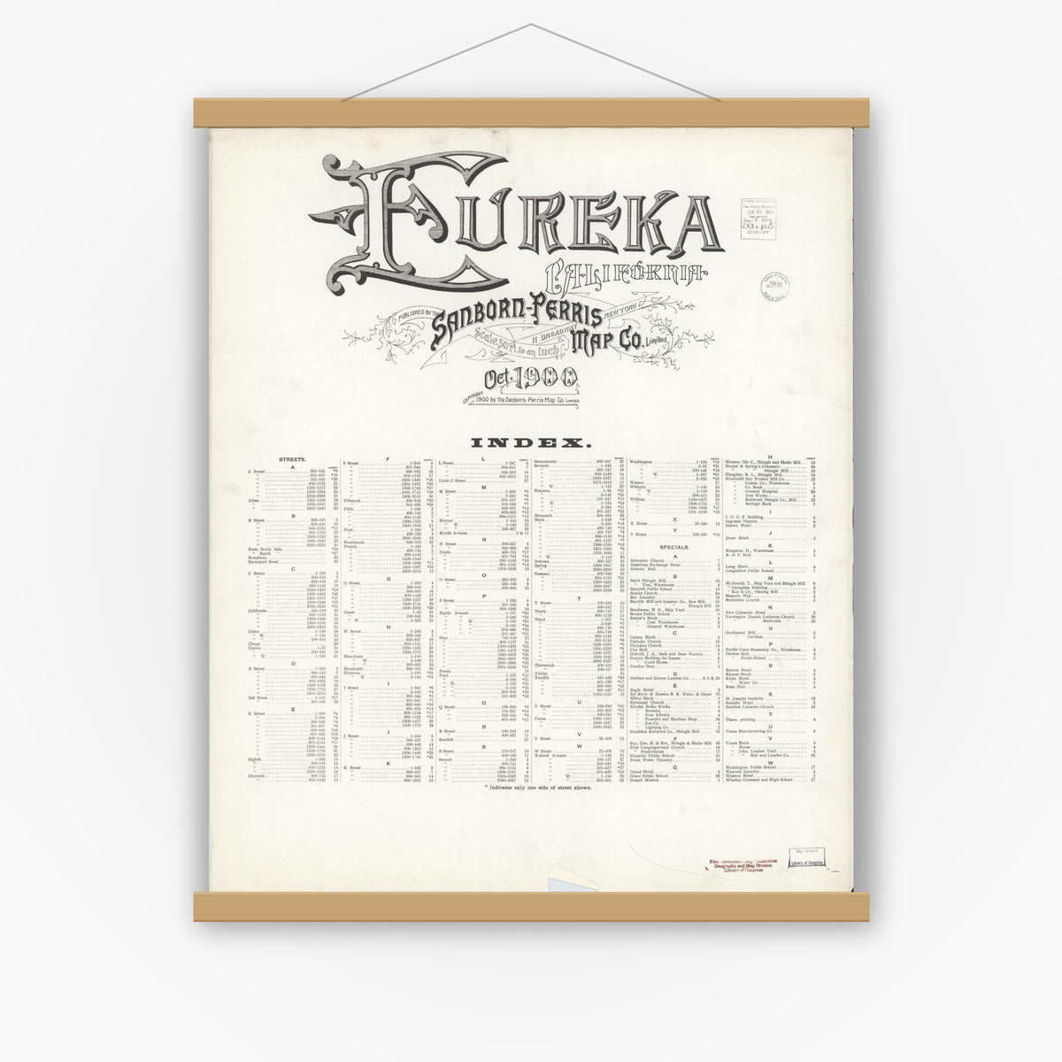 Old map wall art mockup — magnetic wood frame on white wall — Sanborn Fire Insurance Map from Eureka, Humboldt County, California (1900), Sheet #0001