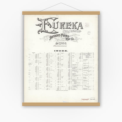Old map wall art mockup — magnetic wood frame on white wall — Sanborn Fire Insurance Map from Eureka, Humboldt County, California (1900), Sheet #0001