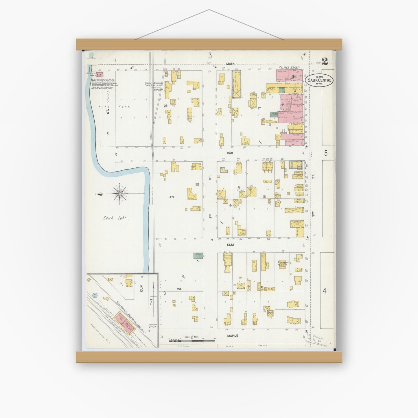 Old map wall art mockup — magnetic wood frame on white wall — Sanborn Fire Insurance Map from Sauk Centre, Stearns County, Minnesota (1903), Sheet #0002
