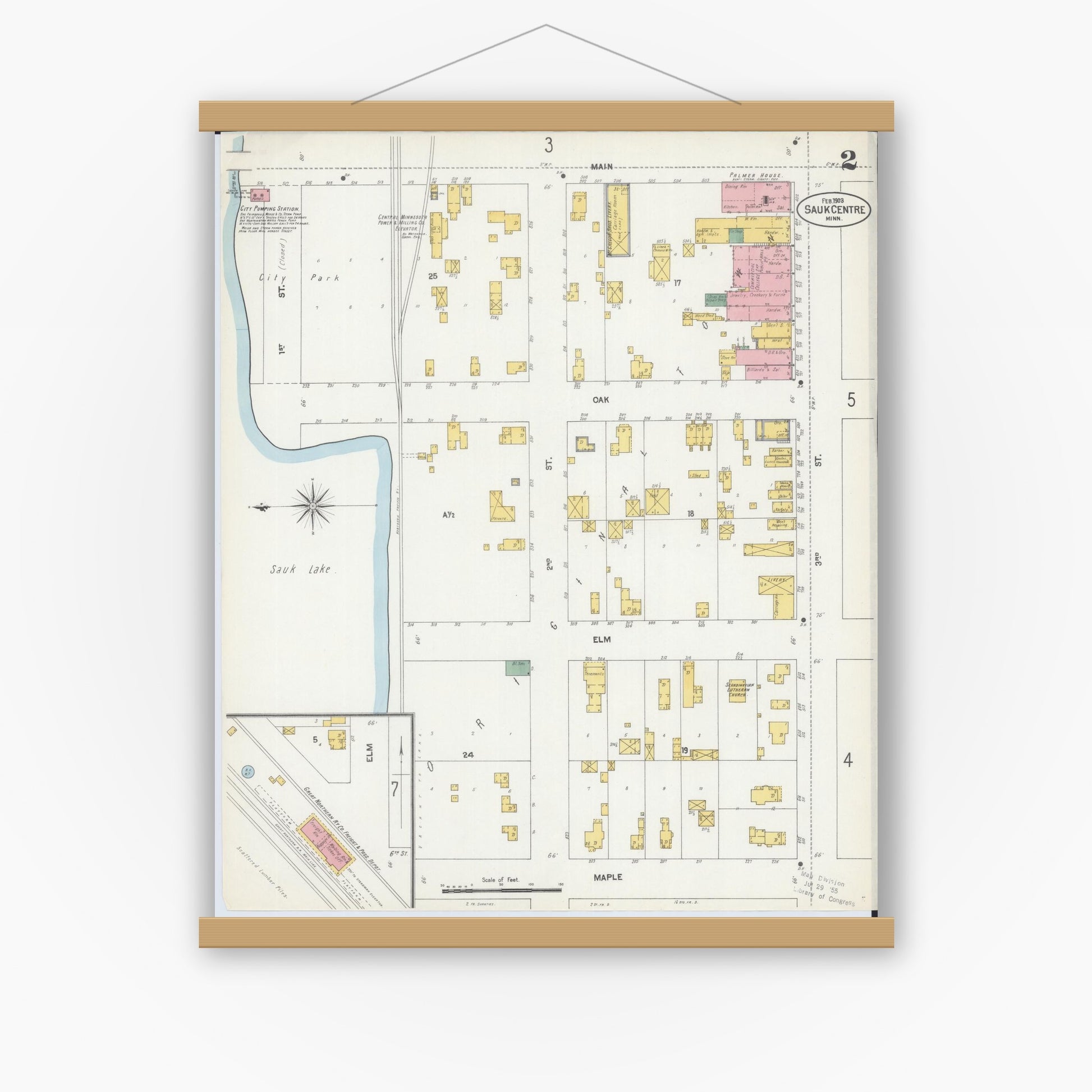 Old map wall art mockup — magnetic wood frame on white wall — Sanborn Fire Insurance Map from Sauk Centre, Stearns County, Minnesota (1903), Sheet #0002