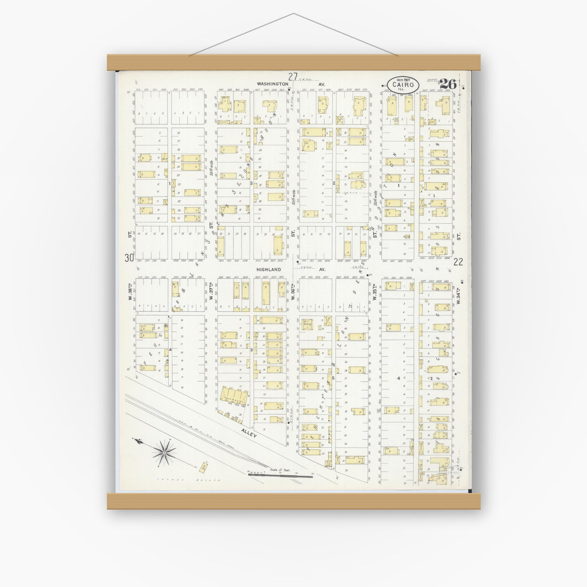 Old map wall art mockup — magnetic wood frame on white wall — Sanborn Fire Insurance Map from Cairo, Alexander County, Illinois (1907), Sheet #0026