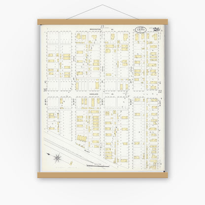 Old map wall art mockup — magnetic wood frame on white wall — Sanborn Fire Insurance Map from Cairo, Alexander County, Illinois (1907), Sheet #0026