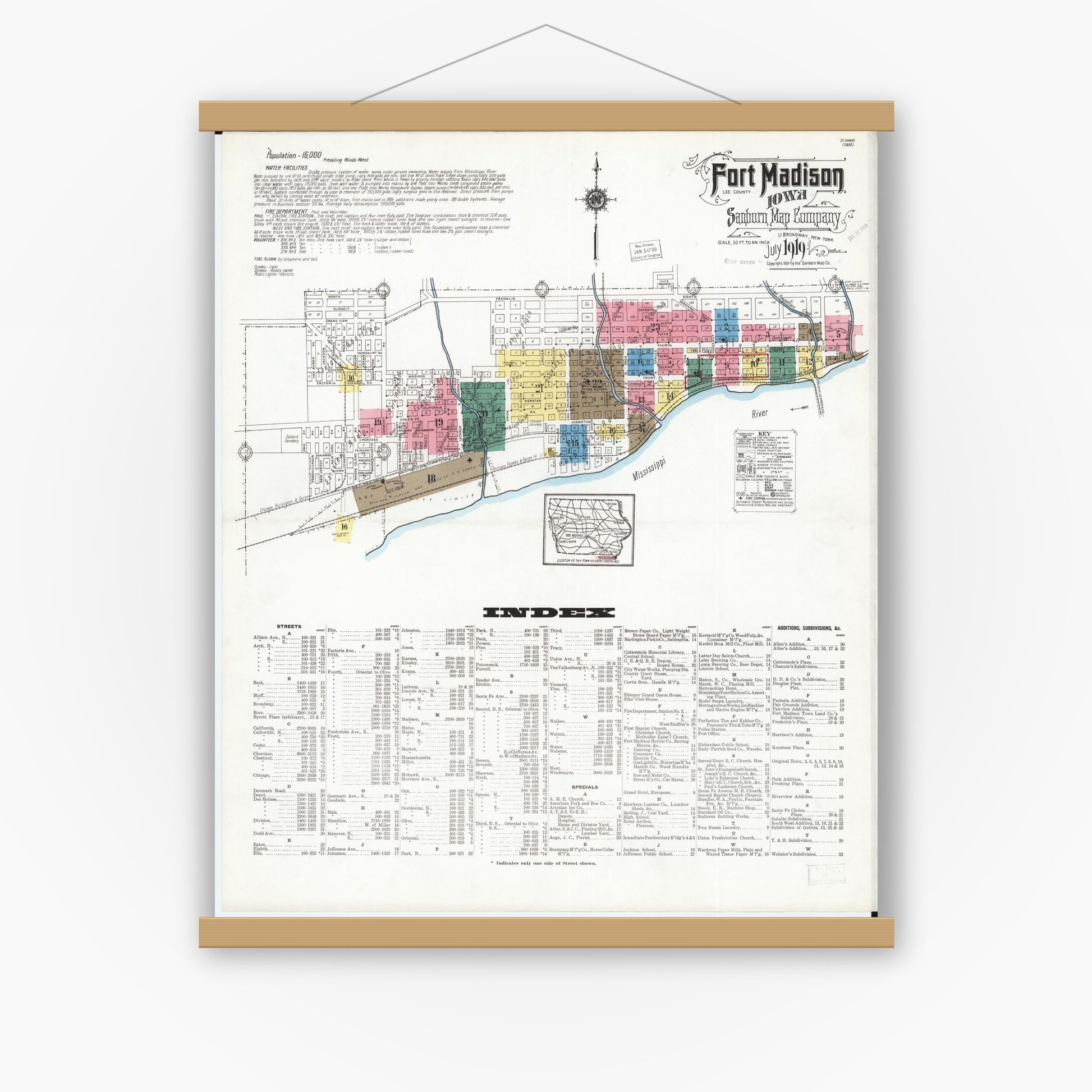 Old map wall art mockup — magnetic wood frame on white wall — Sanborn Fire Insurance Map from Fort Madison, Lee County, Iowa (1919) â€” Complete Set