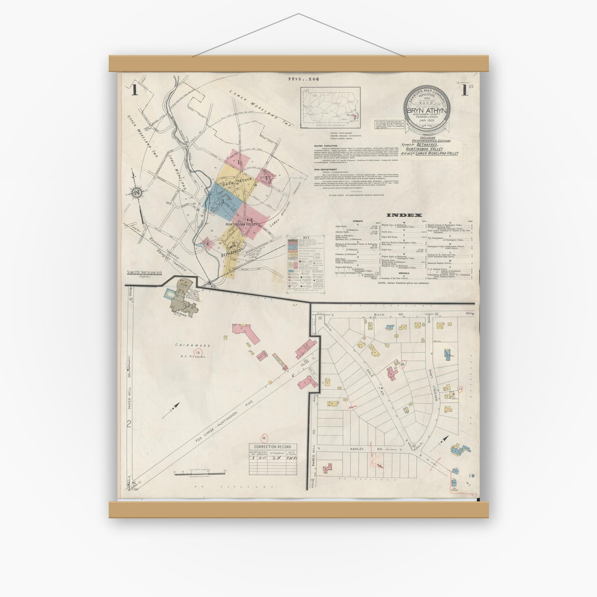 Old map wall art mockup — magnetic wood frame on white wall — Sanborn Fire Insurance Map from Bryn Athyn, Montgomery County, Pennsylvania (1941) - Complete Map Set