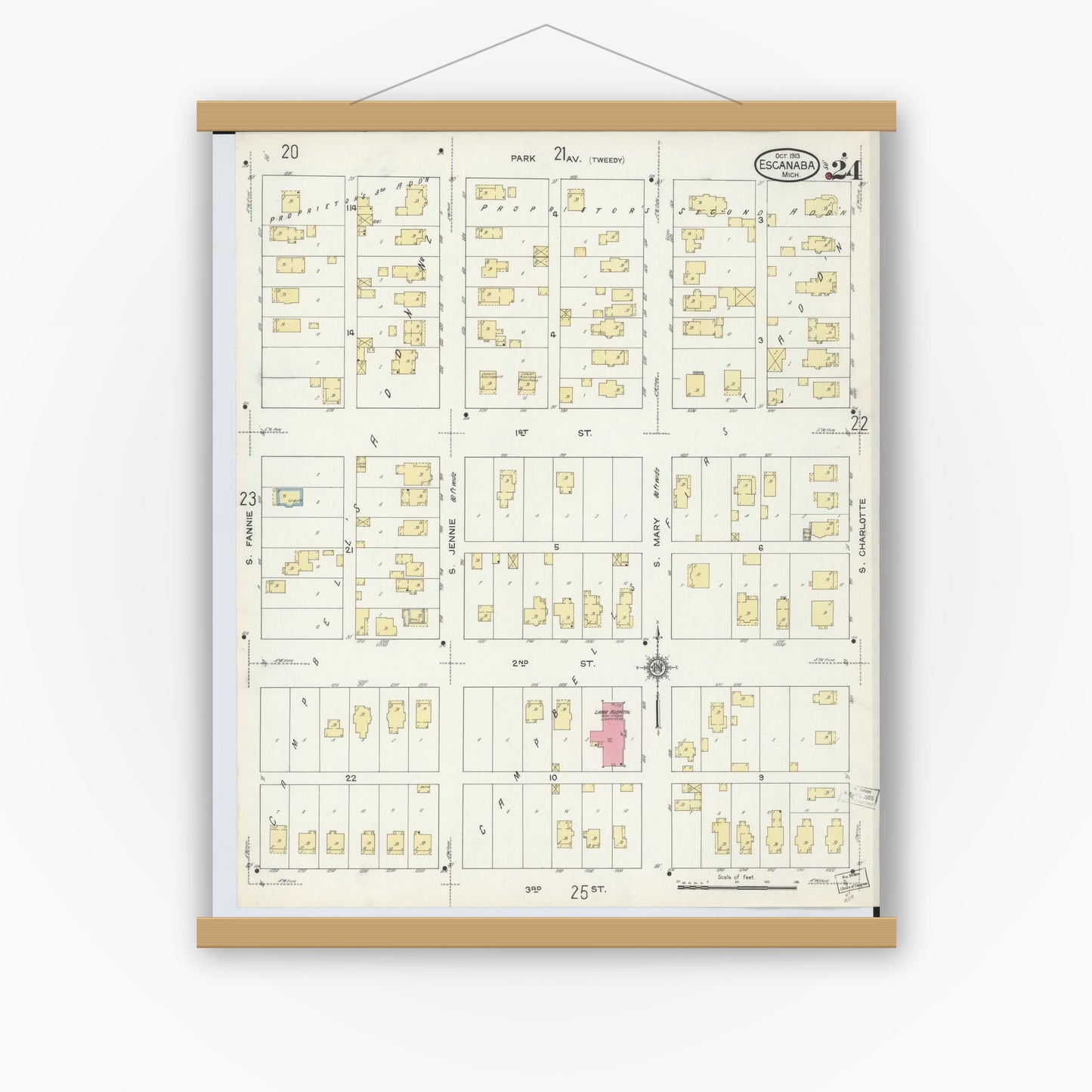 Old map wall art mockup — magnetic wood frame on white wall — Sanborn Fire Insurance Map from Escanaba, Delta County, Michigan (1913), Sheet #0024