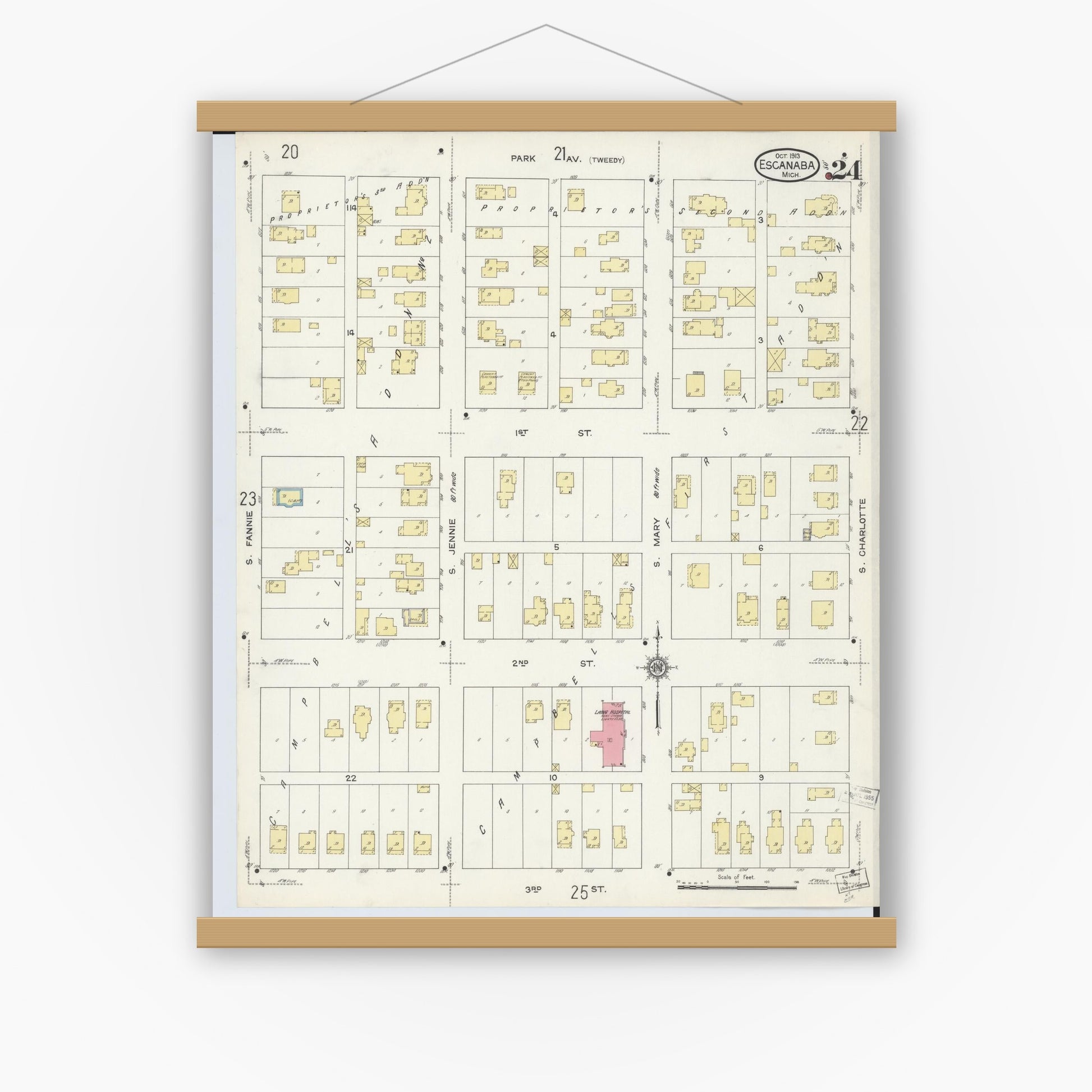 Old map wall art mockup — magnetic wood frame on white wall — Sanborn Fire Insurance Map from Escanaba, Delta County, Michigan (1913), Sheet #0024