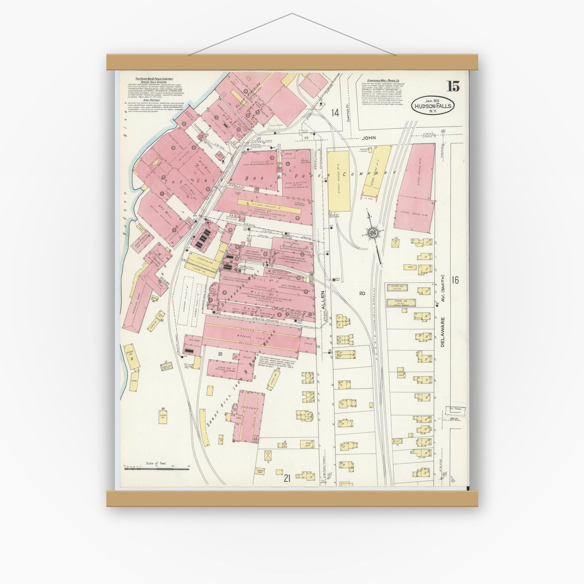 Old map wall art mockup — magnetic wood frame on white wall — Sanborn Fire Insurance Map from Hudson Falls, Washington County, New York (1913), Sheet #0015