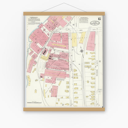 Old map wall art mockup — magnetic wood frame on white wall — Sanborn Fire Insurance Map from Hudson Falls, Washington County, New York (1913), Sheet #0015