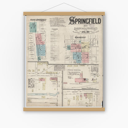 Old map wall art mockup — magnetic wood frame on white wall — Sanborn Fire Insurance Map from Springfield, Greene County, Missouri (1884) - Complete Map Set