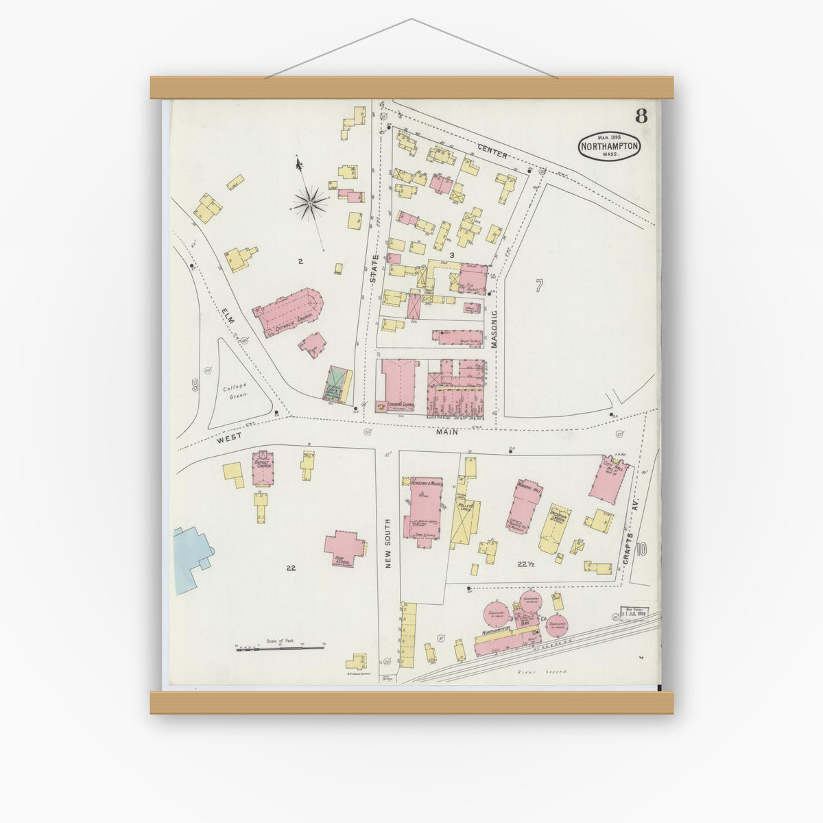 Old map wall art mockup — magnetic wood frame on white wall — Sanborn Fire Insurance Map from Northampton, Hampshire County, Massachusetts (1895), Sheet #0008