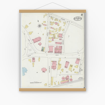 Old map wall art mockup — magnetic wood frame on white wall — Sanborn Fire Insurance Map from Northampton, Hampshire County, Massachusetts (1895), Sheet #0008
