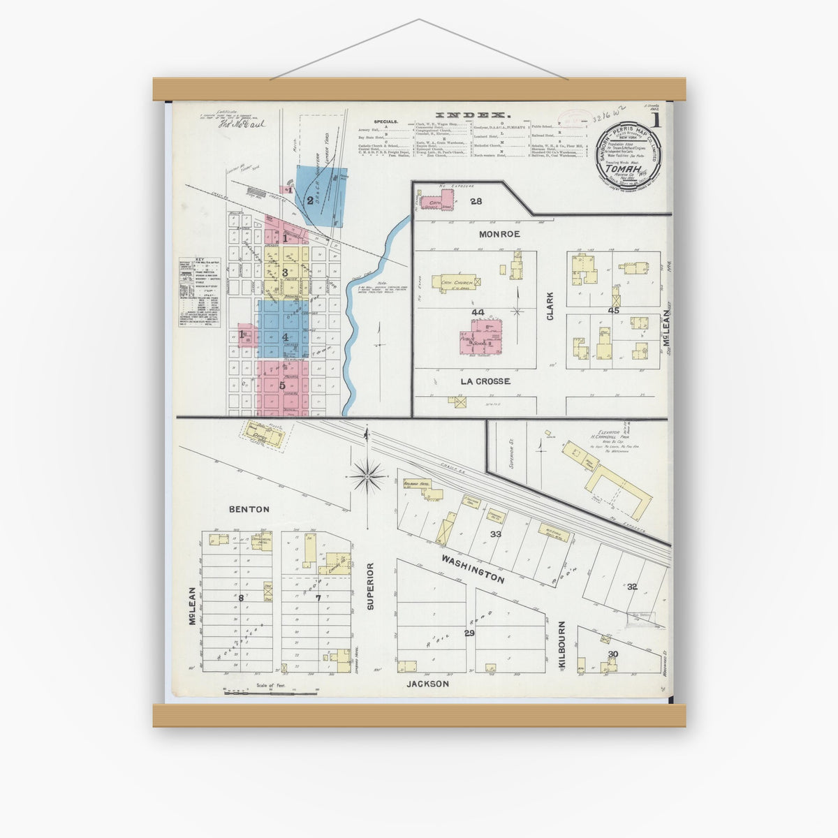 Old map wall art mockup — magnetic wood frame on white wall — Sanborn Fire Insurance Map from Tomah, Monroe County, Wisconsin (1891) - Complete Map Set