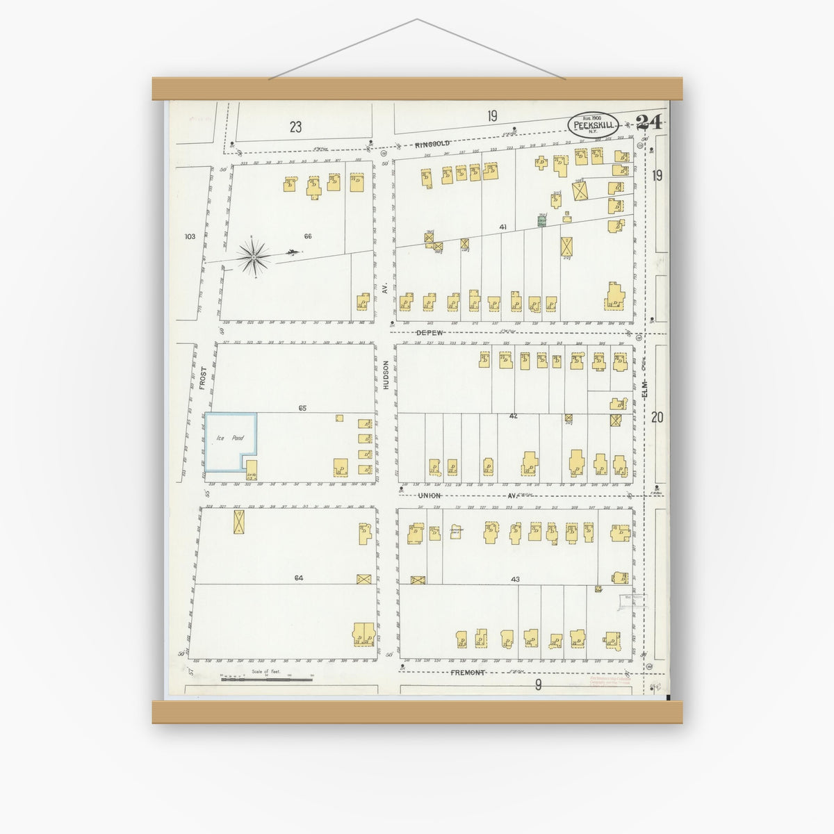 Old map wall art mockup — magnetic wood frame on white wall — Sanborn Fire Insurance Map from Peekskill, Westchester County, New York (1900), Sheet #0024