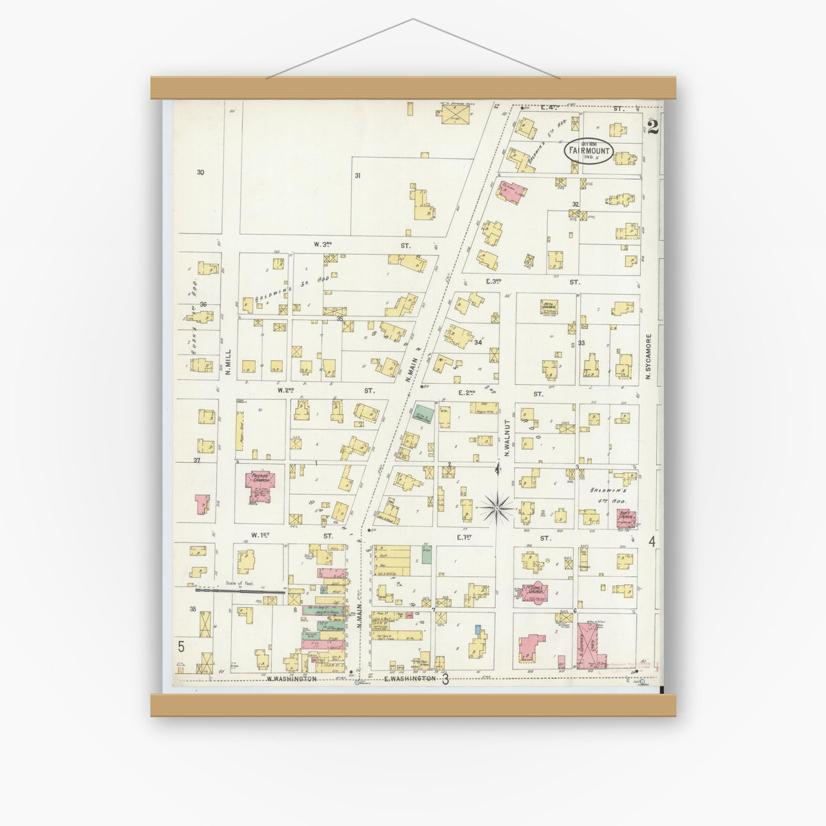 Old map wall art mockup — magnetic wood frame on white wall — Sanborn Fire Insurance Map from Fairmount, Grant County, Indiana (1898), Sheet #0002