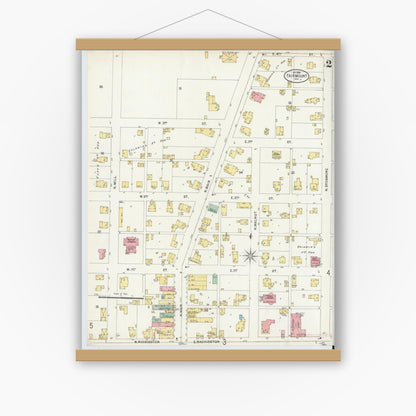 Old map wall art mockup — magnetic wood frame on white wall — Sanborn Fire Insurance Map from Fairmount, Grant County, Indiana (1898), Sheet #0002