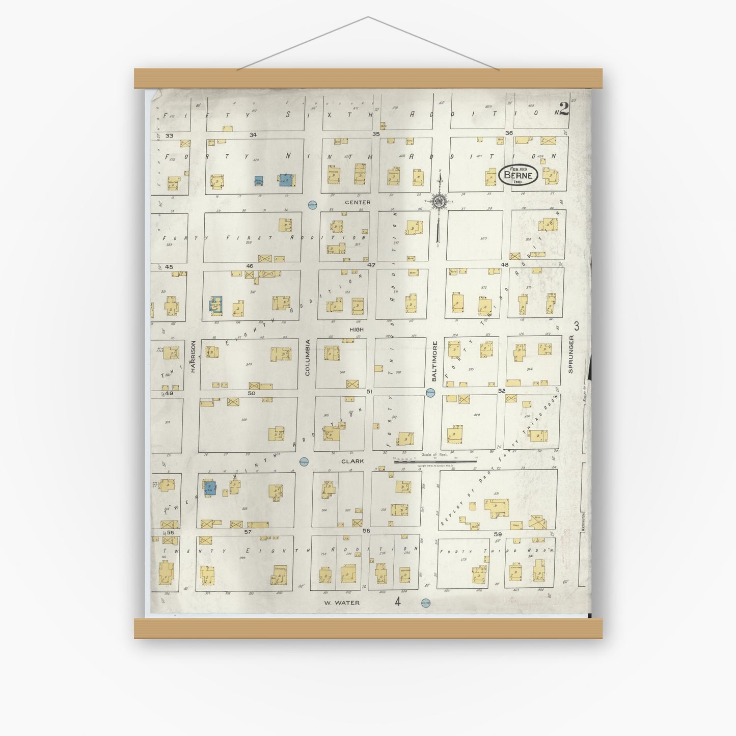 Old map wall art mockup — magnetic wood frame on white wall — Sanborn Fire Insurance Map from Berne, Adams County, Indiana (1919), Sheet #0002