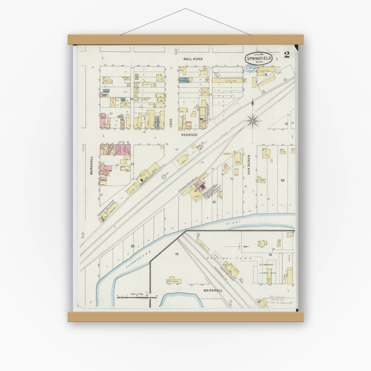 Old map wall art mockup — magnetic wood frame on white wall — Sanborn Fire Insurance Map from Springfield, Brown County, Minnesota (1894), Sheet #0002