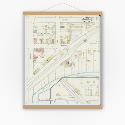 Old map wall art mockup — magnetic wood frame on white wall — Sanborn Fire Insurance Map from Springfield, Brown County, Minnesota (1894), Sheet #0002