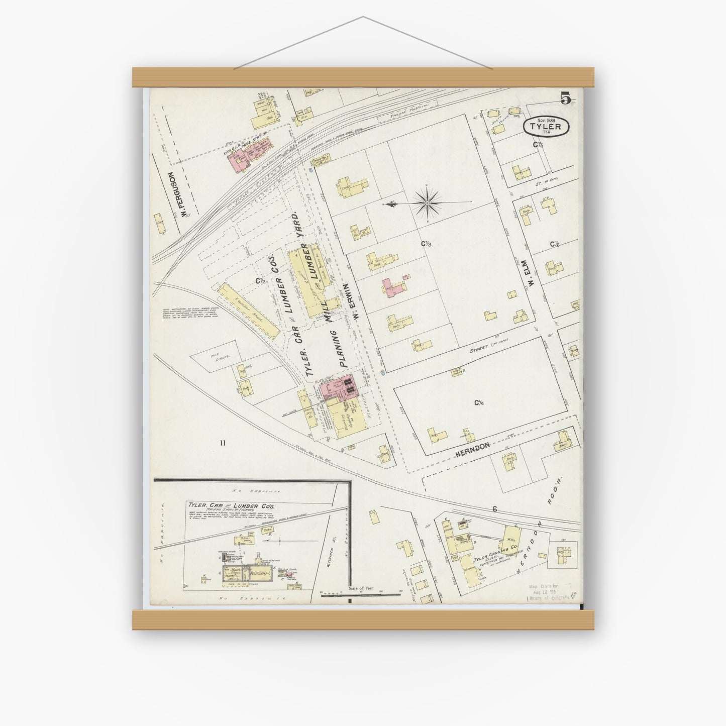 Old map wall art mockup — magnetic wood frame on white wall — Sanborn Fire Insurance Map from Tyler, Smith County, Texas (1889), Sheet #0005