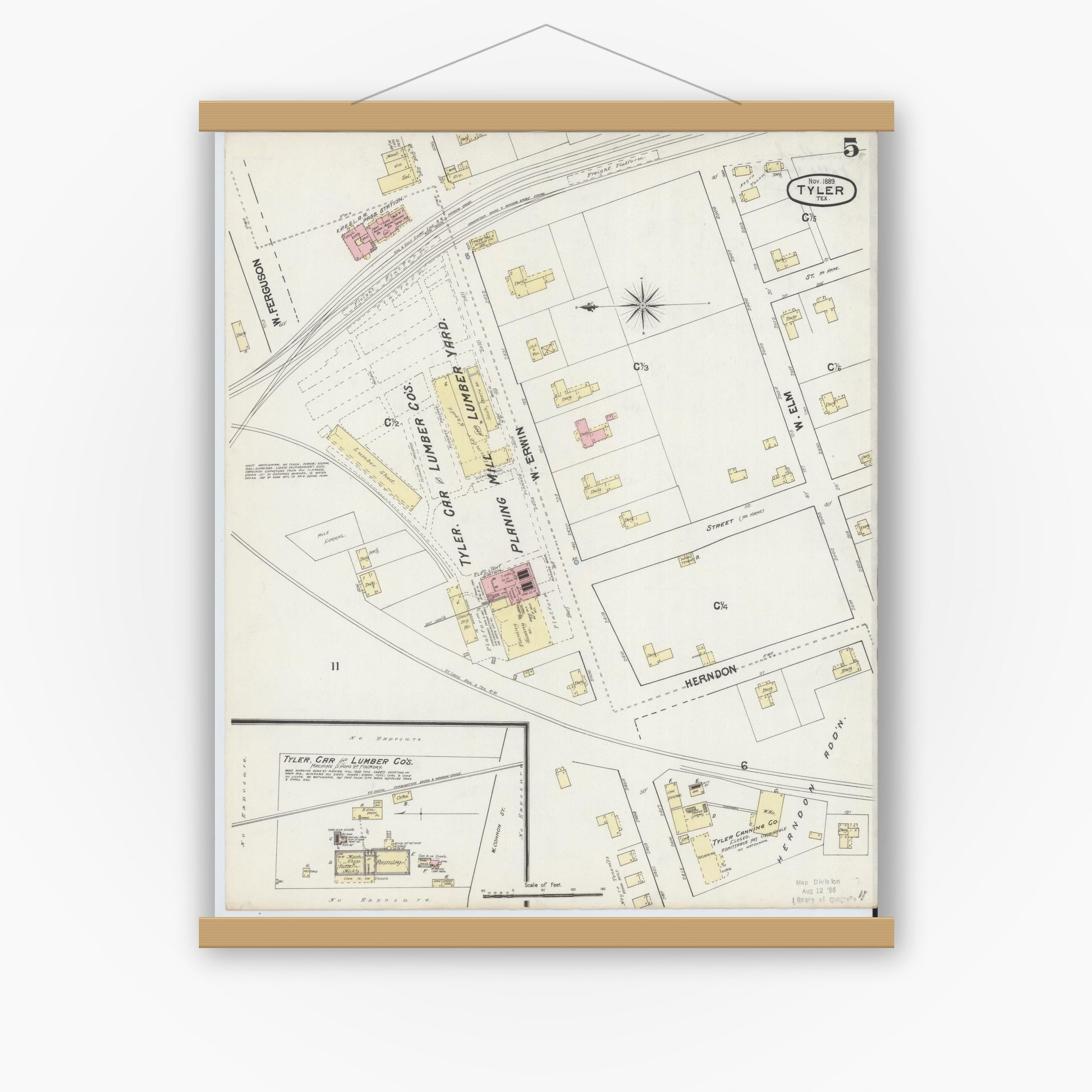 Old map wall art mockup — magnetic wood frame on white wall — Sanborn Fire Insurance Map from Tyler, Smith County, Texas (1889), Sheet #0005