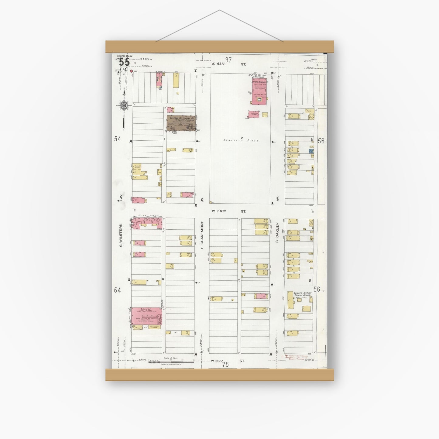 Old map wall art mockup — magnetic wood frame on white wall — Sanborn Fire Insurance Map from Chicago, Cook County, Illinois (1920), Sheet #0055