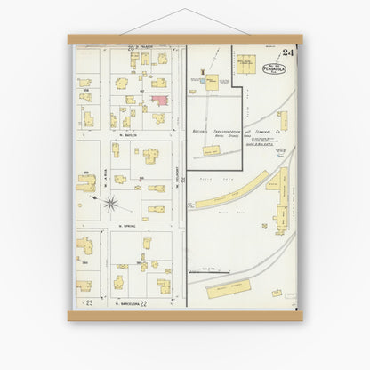 Old map wall art mockup — magnetic wood frame on white wall — Sanborn Fire Insurance Map from Pensacola, Escambia County, Florida (1903), Sheet #0024