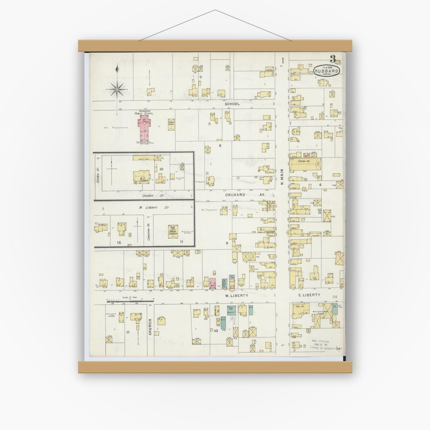 Old map wall art mockup — magnetic wood frame on white wall — Sanborn Fire Insurance Map from Hubbard, Trumbull County, Ohio (1896), Sheet #0003