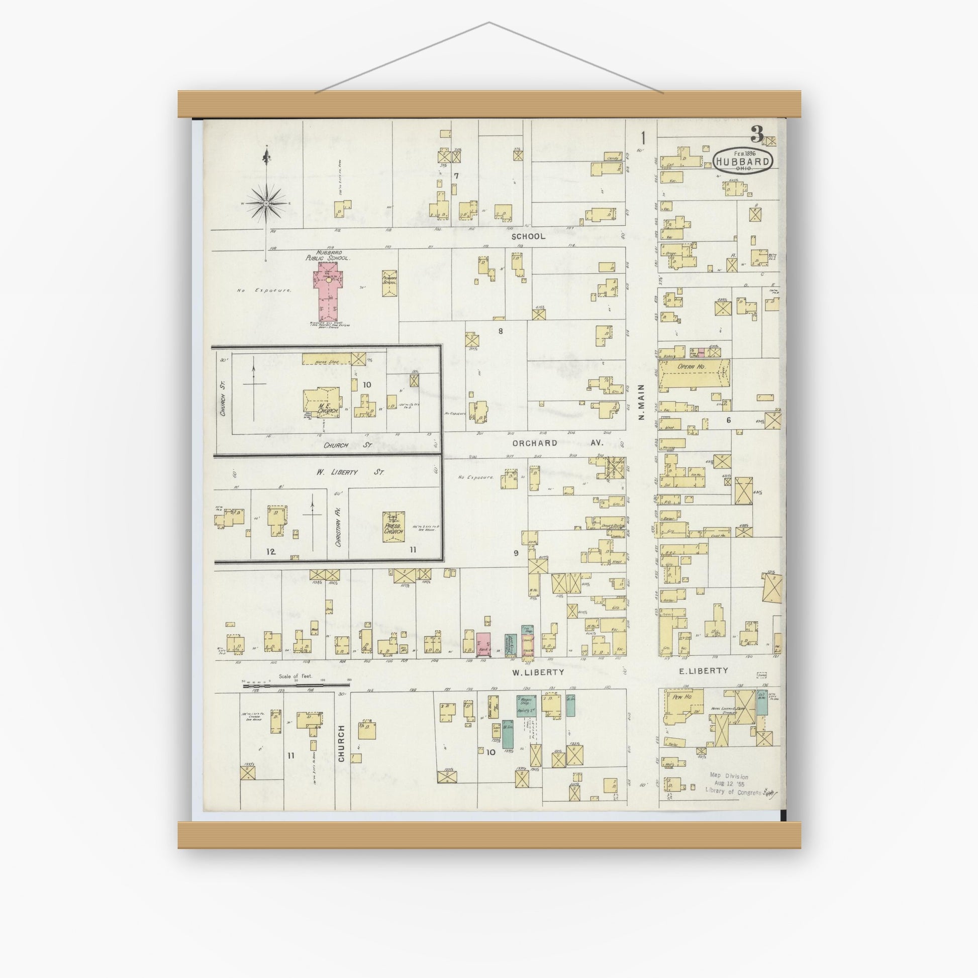 Old map wall art mockup — magnetic wood frame on white wall — Sanborn Fire Insurance Map from Hubbard, Trumbull County, Ohio (1896), Sheet #0003