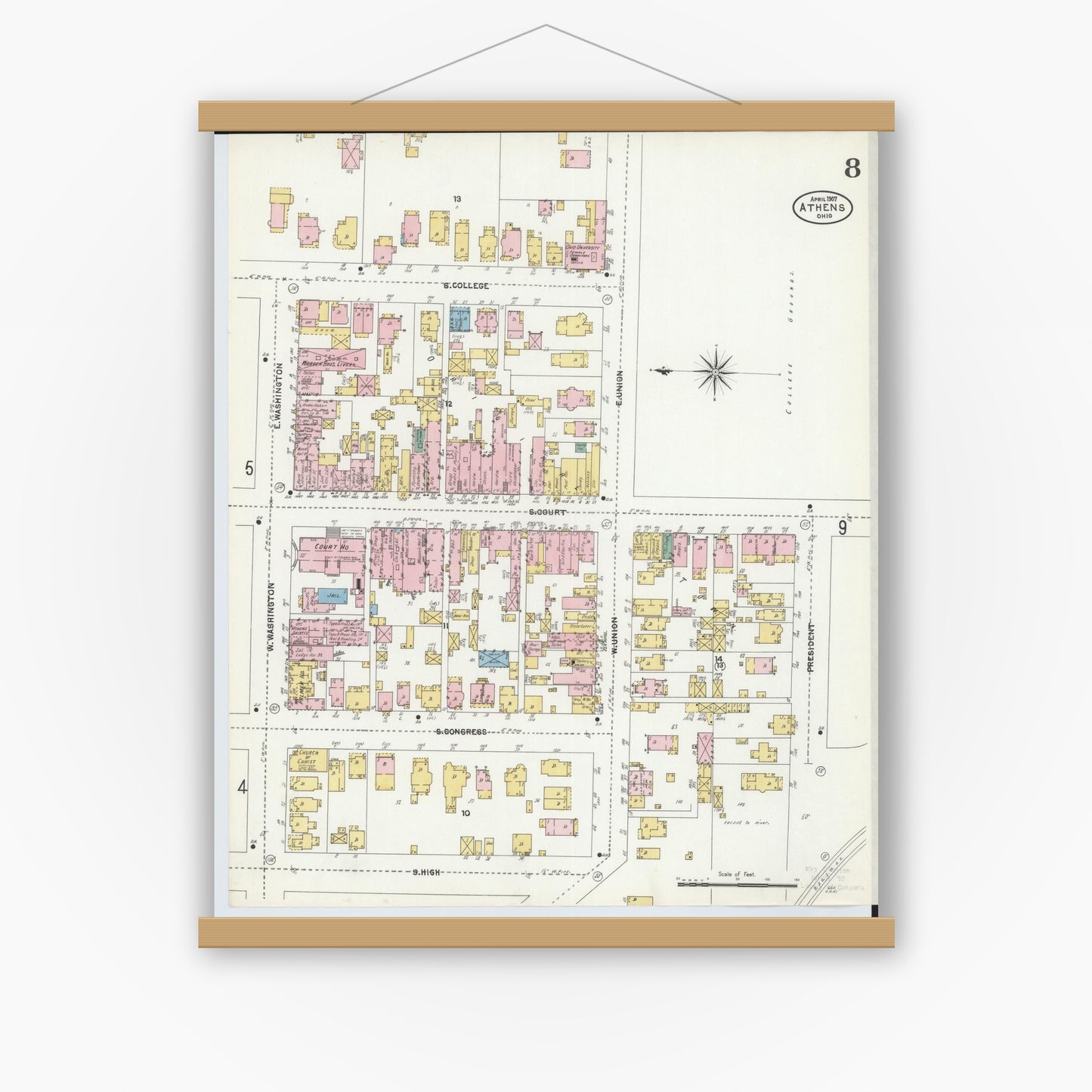 Old map wall art mockup — magnetic wood frame on white wall — Sanborn Fire Insurance Map from Athens, Athens County, Ohio (1907), Sheet #0008